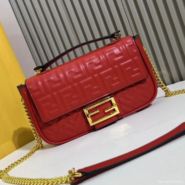 Cheap HOT In Nappa Red Chain Fendi Motif Bag Midi FF Leather Baguette 0825